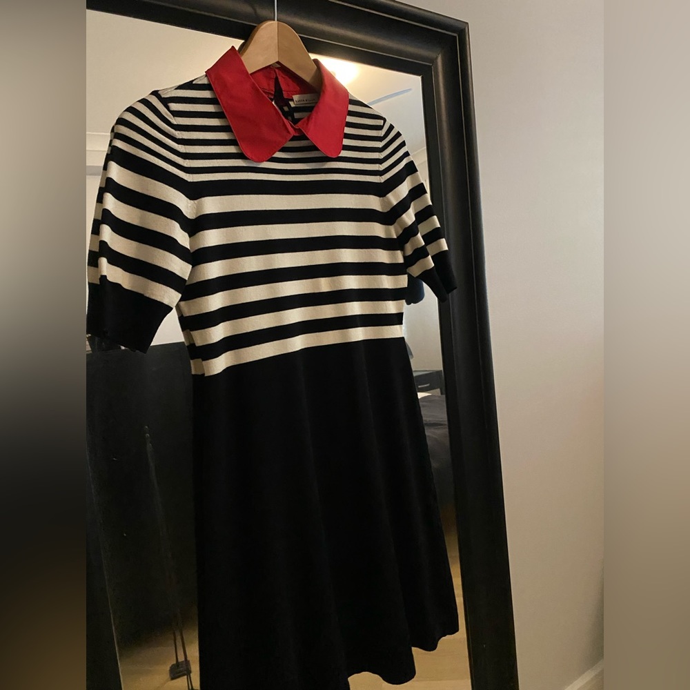 Black & white Karen Millen mini dress with red collar